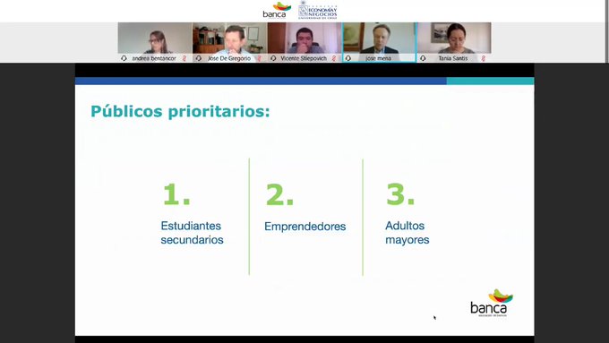 Primera parte del ciclo de Educación Financiera, organizado con la Facultad de Economía y Negocios de la U. de Chile (FEN). Invitados U. de Talca y TECHO Chile.